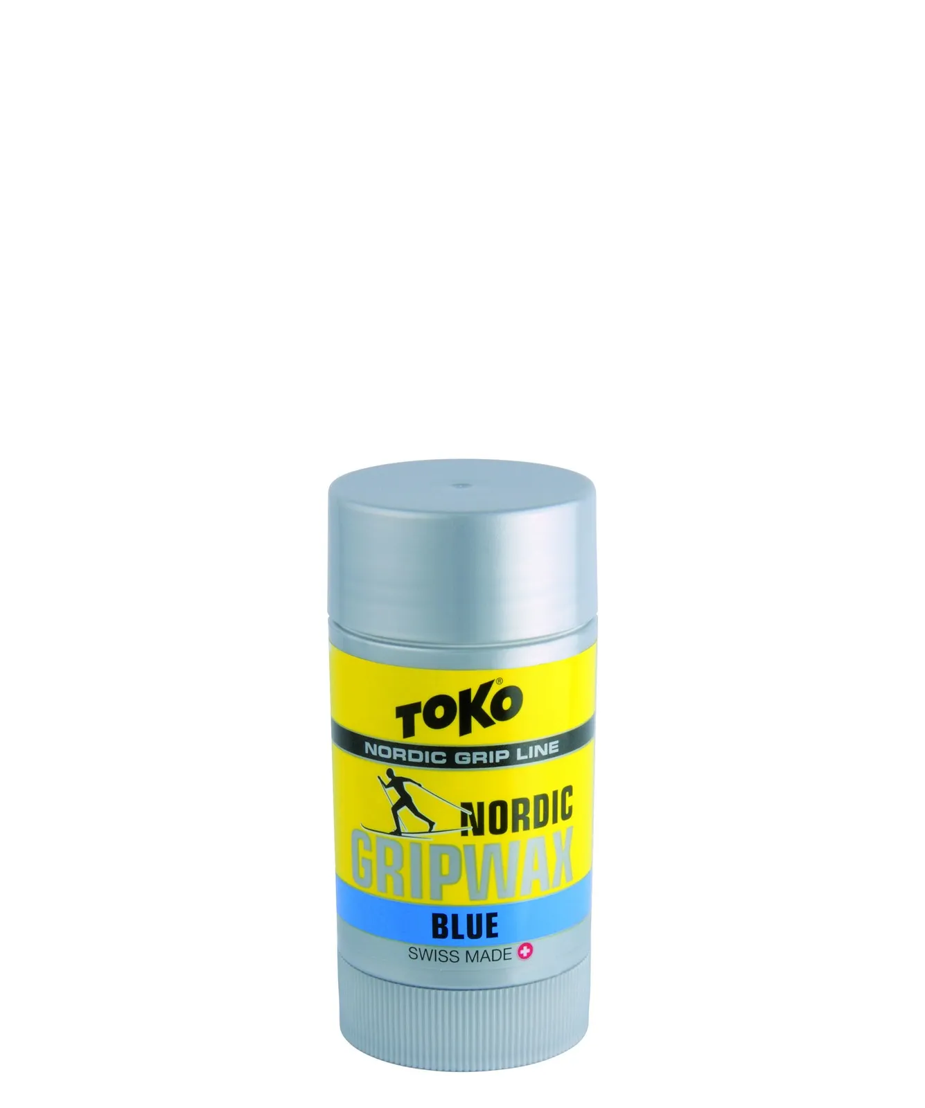 Toko Nordic GripWax Blue in Deostick-Verpackung. Gelber Hintergrund mit Langläufer-Silhouette und blauem "Blue" Schriftzug.