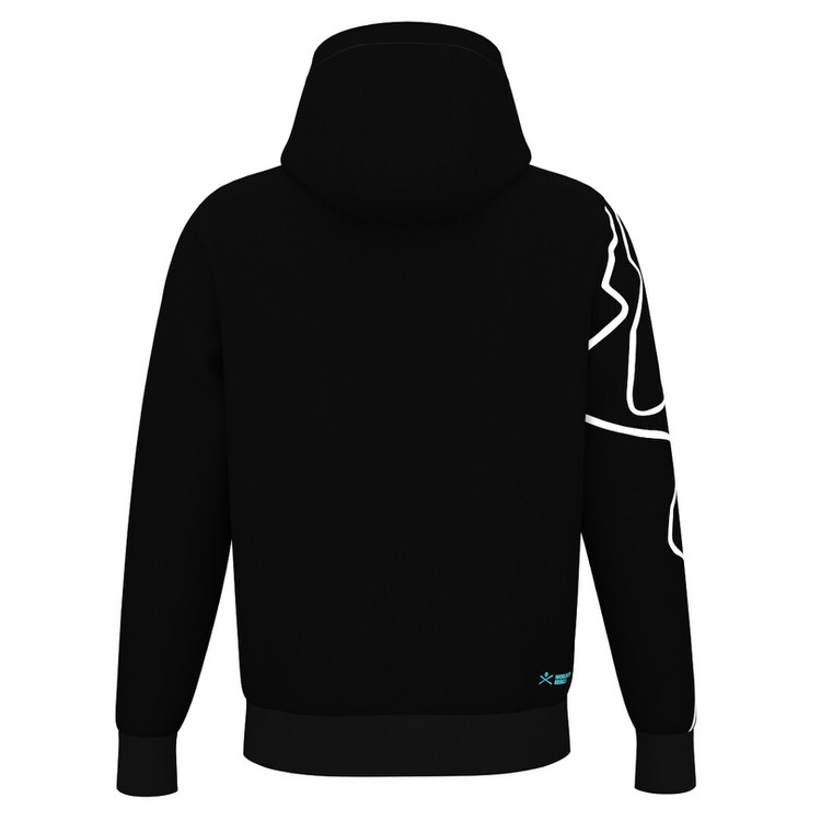 Schwarzer Head WCR Unisex Hoodie von hinten, mit Kapuze und weißem Muster auf dem Ärmel.