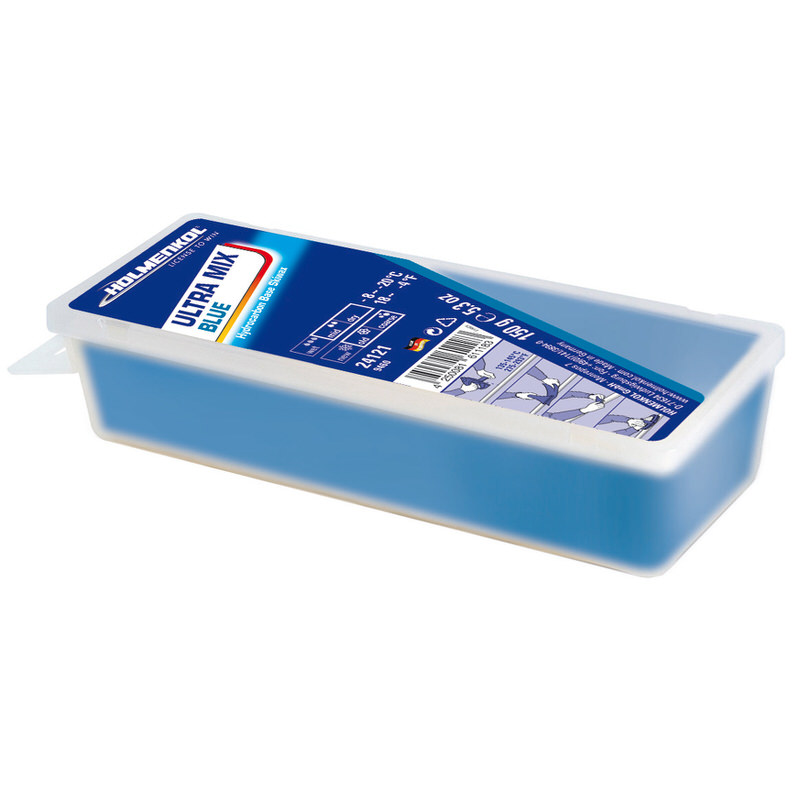 Blauer Holmenkol Ultramix Blue Heisswachs Block in durchsichtiger Plastikverpackung mit Etikett.