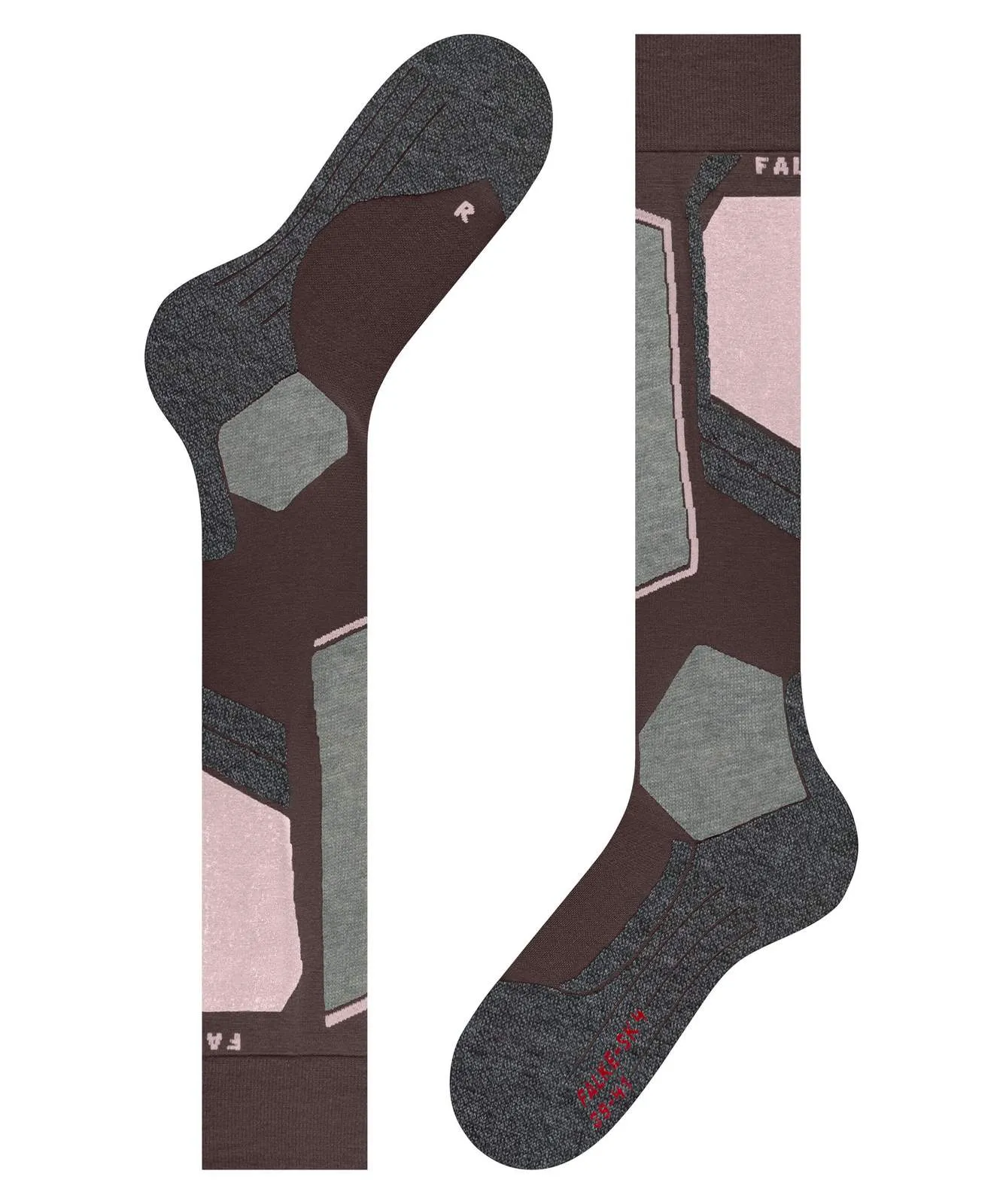 Kniehohe Wandersocken in Dunkelbraun mit auffälligem geometrischem Muster aus hellgrau-grünen und blassrosa Formen. Funktionale Zonen in meliertem Dunkelgrau an Zehen, Ferse und Schienbein. Auf der Sohle: „FALKE SK4“ in Rot.