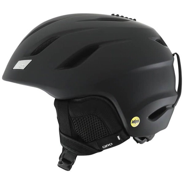 Schwarzer Giro Nine Mips Ski- und Snowboardhelm von der Seite. Details wie Belüftungsschlitze und MIPS-Logo sind erkennbar.