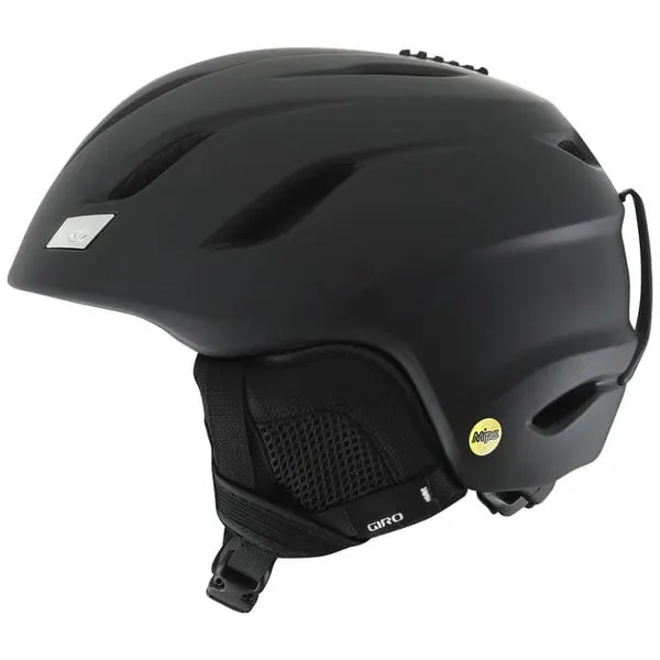 Schwarzer Giro Nine Mips Ski- und Snowboardhelm von der Seite. Details wie Belüftungsschlitze und MIPS-Logo sind erkennbar.