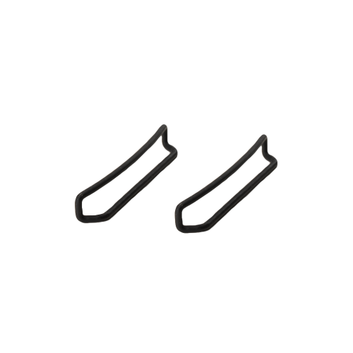Black buckle frames Two black universal buckle frames for climbing skins lie diagonally on a white background.
