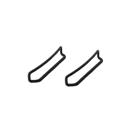 Two black universal buckle frames for climbing skins lie diagonally on a white background.