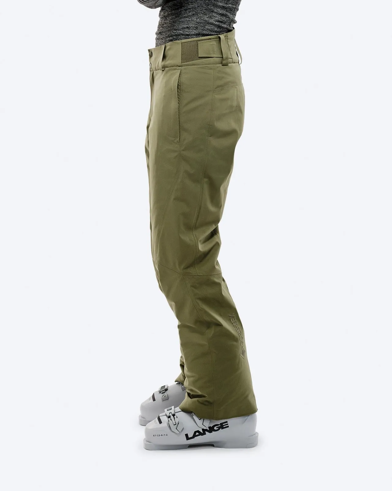 Winter Moss Gore-Tex trousers, side view, worn with ski boots.