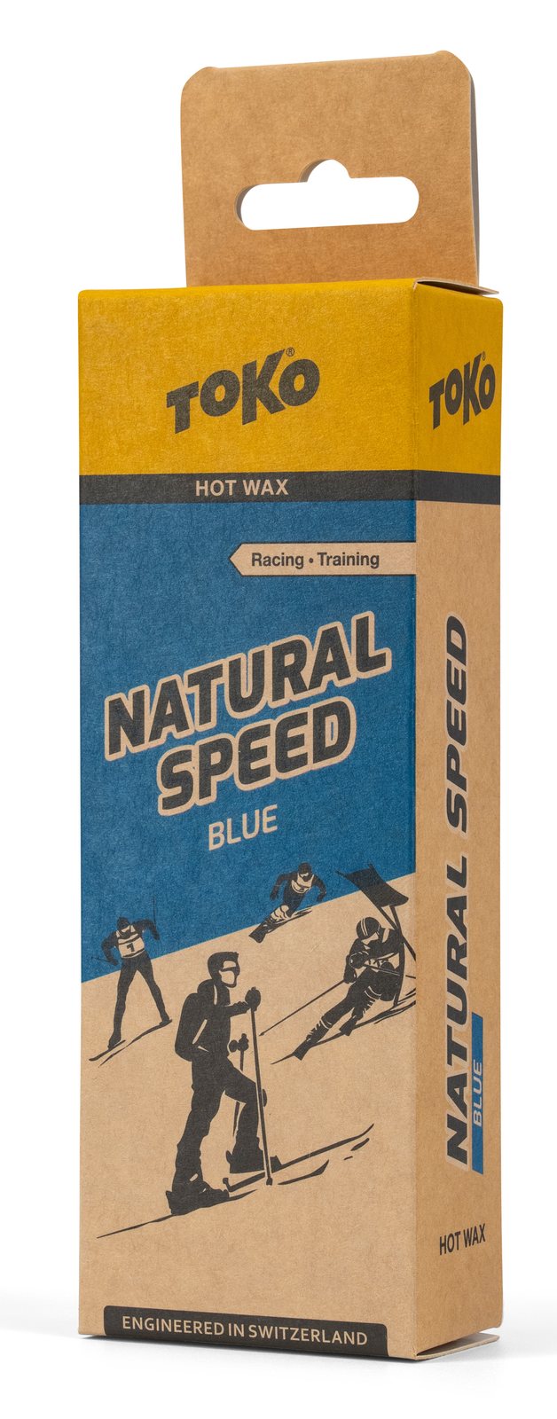 Verpackung Toko Natural Speed Hot Wax blau, mit Skiläufer-Illustration, Text "Natural Speed" und "Blue".