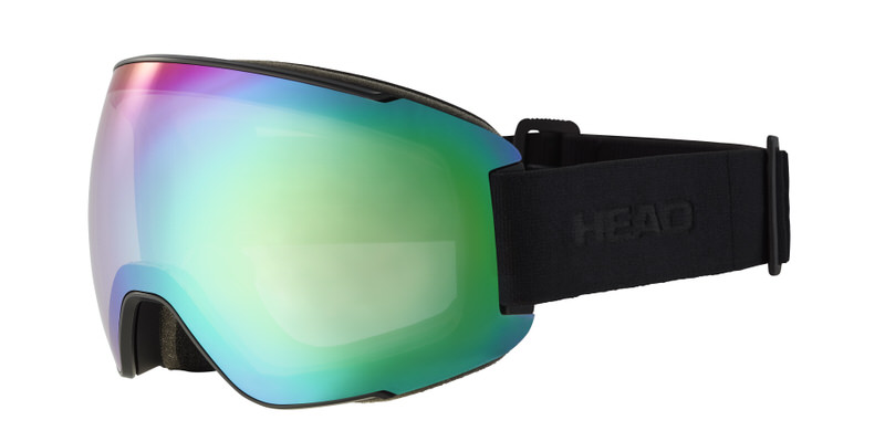 Grüne Head Magnify 5K Skibrille mit schwarzem Band, von der Seite gesehen. Das Glas schimmert in Grün, Blau und Pink.