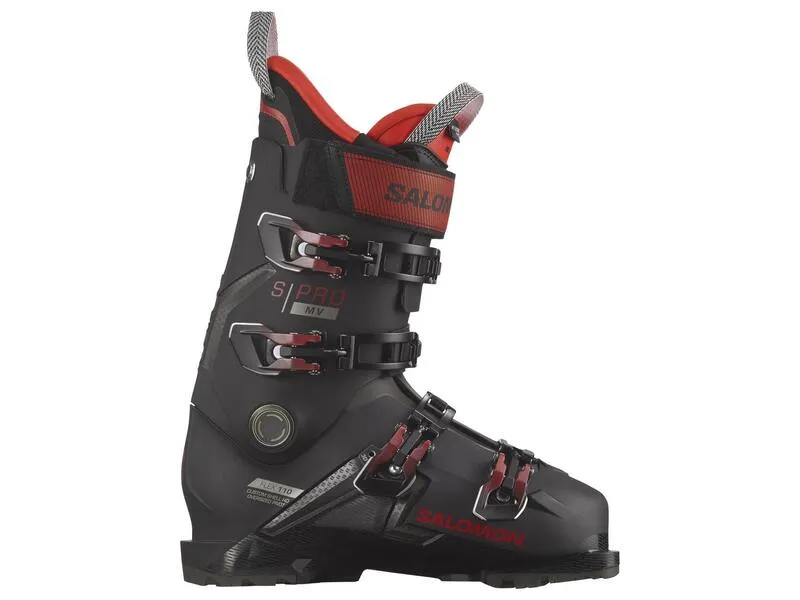 Black Salomon S/PRO MV 110 men's ski boot with red accents, side view.