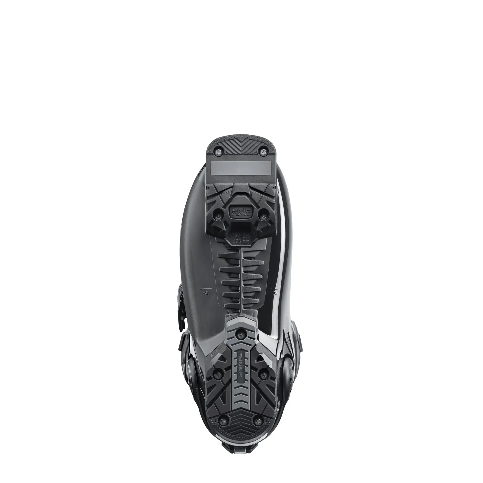 Vue de la semelle de la chaussure de ski Nordica HF 110 GW avec GripWalk, détails et vis visibles.