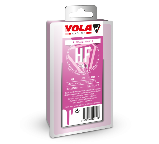 Verpackung Vola Racing Race Violet HF Wachs, lila-weisses Design mit Produktinformationen.