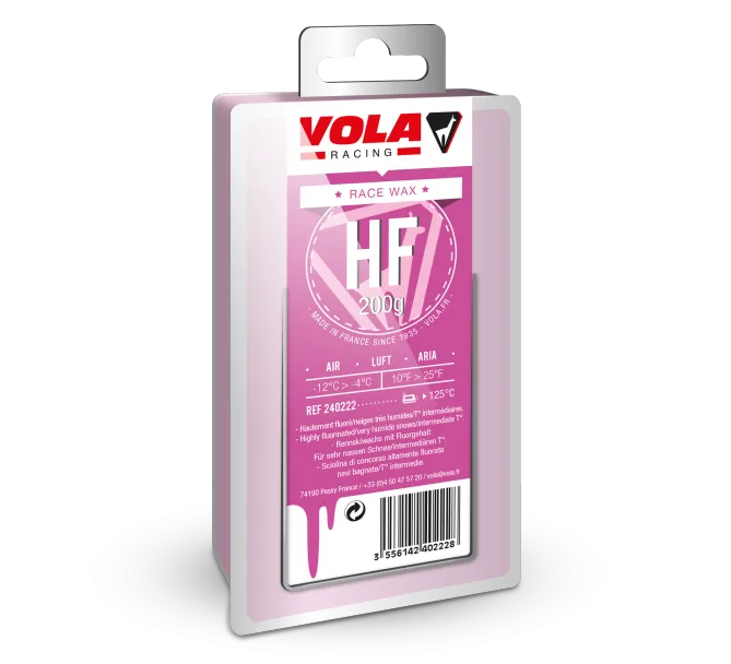 Verpackung Vola Racing Race Violet HF Wachs, lila-weisses Design mit Produktinformationen.