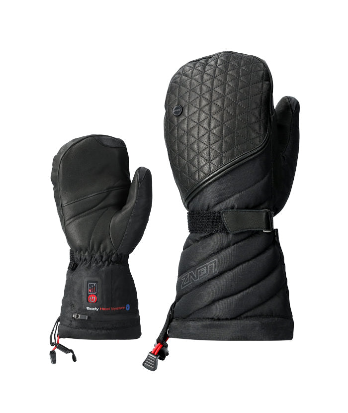 Schwarze Lenz Heat Gloves Zwei schwarze Lenz Heat Glove 6.0 Fingercap Mitten Women, Größenunterschied, Details wie Knöpfe und Kordelzüge sichtbar.