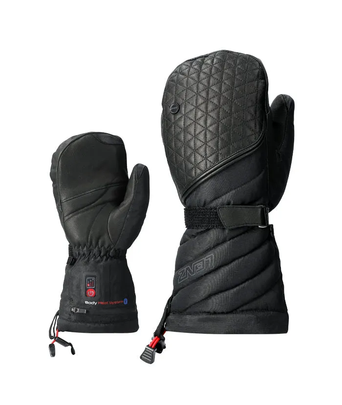 Zwei schwarze Lenz Heat Glove 6.0 Fingercap Mitten Women, Größenunterschied, Details wie Knöpfe und Kordelzüge sichtbar.