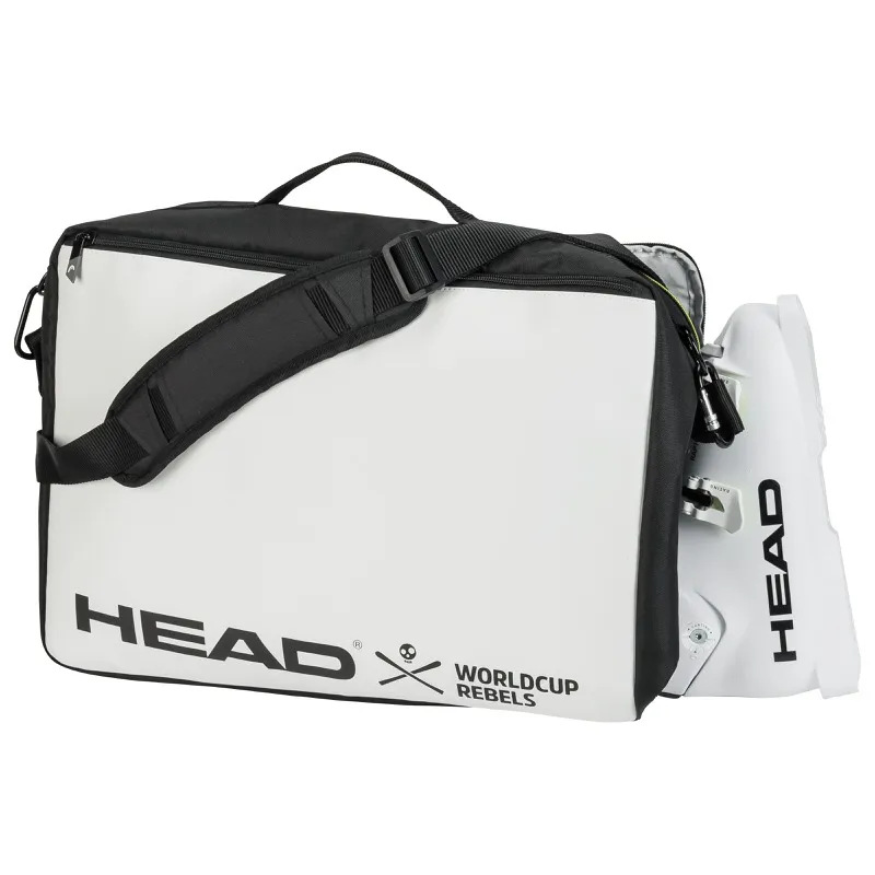 Head Rebels Boot Carry On Tasche in Weiß/Schwarz mit Tragegurt und Skischuh.