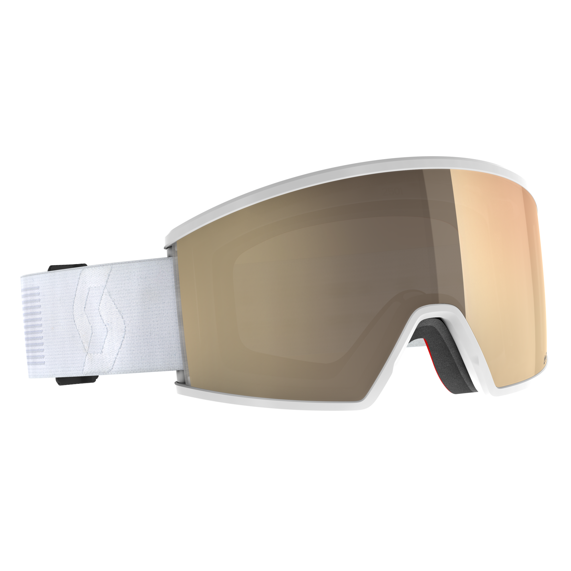 Nahaufnahme einer Scott Ambit LS Skibrille mit weißem Rahmen und photochromatischer AMP LS Linse.