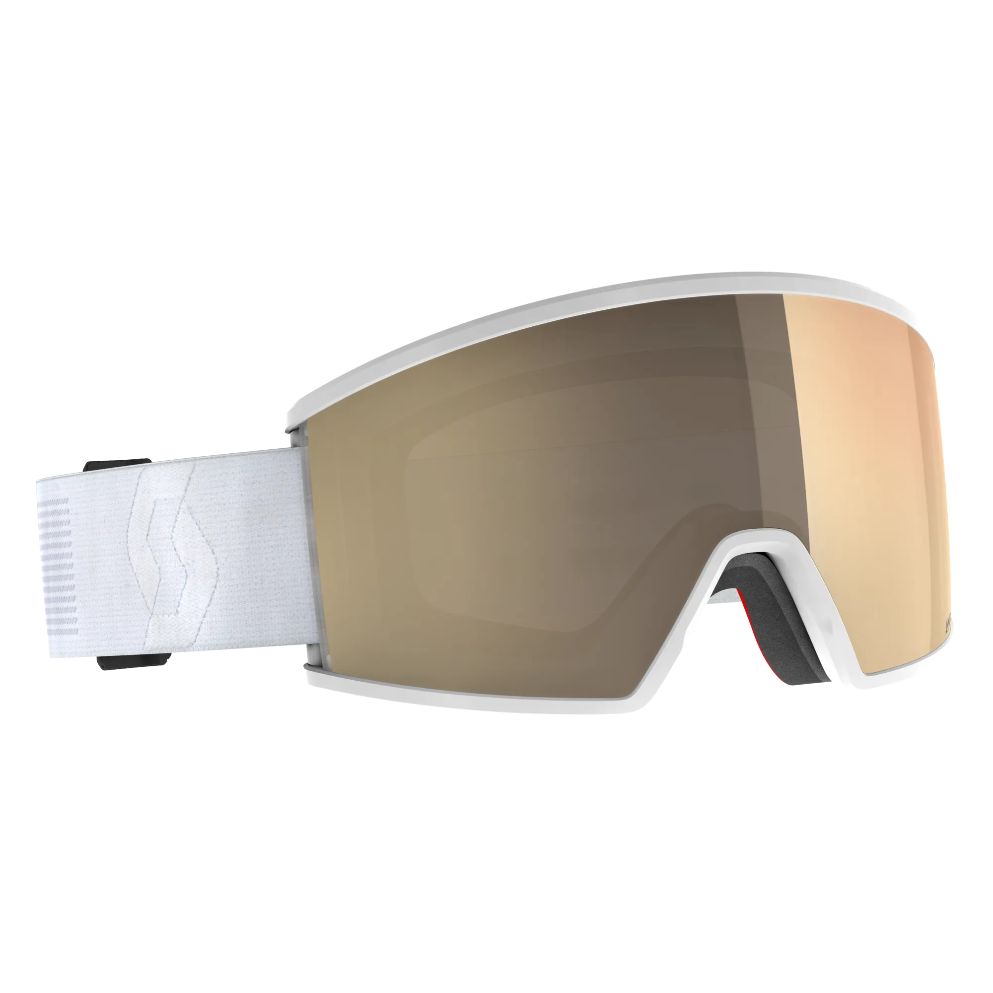 Close-up of Scott Ambit LS ski goggles with white frame and photochromatic AMP LS lens.