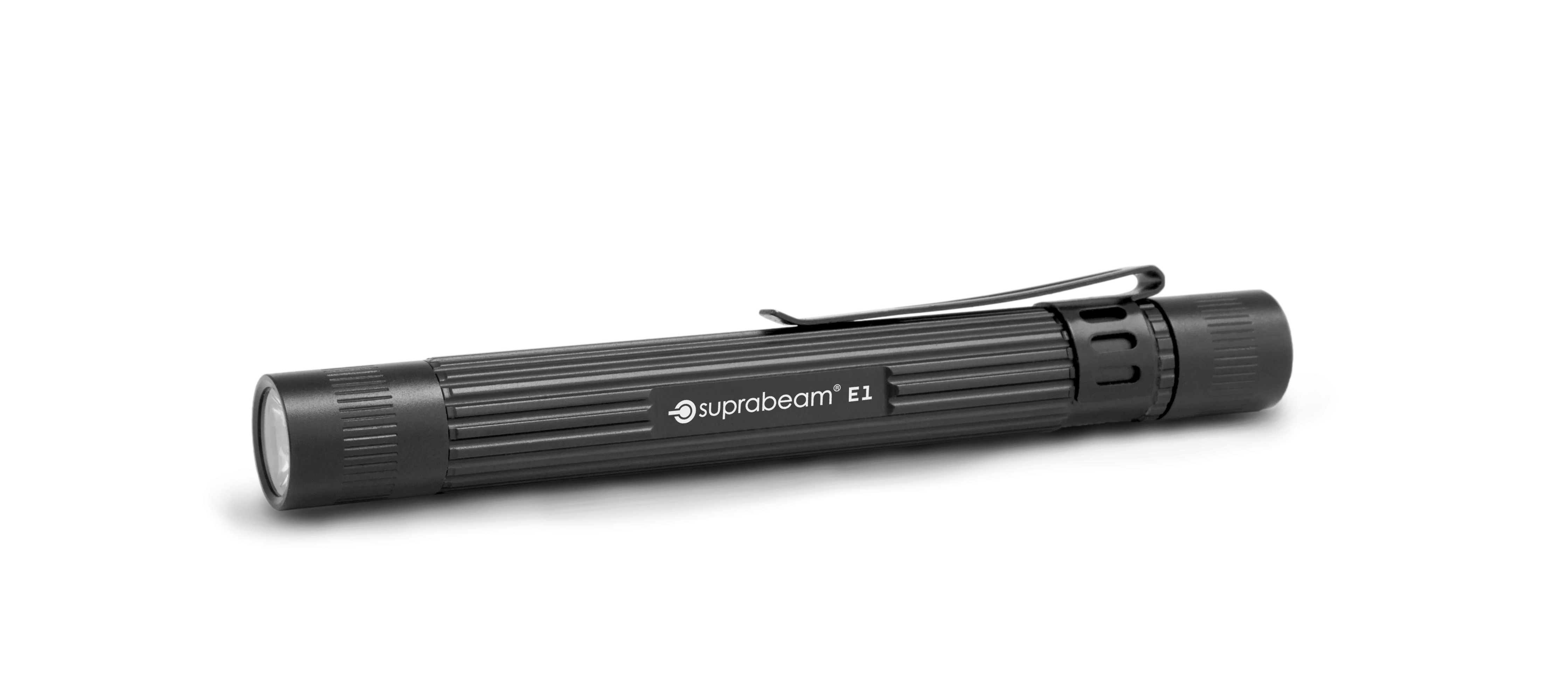 A black Suprabeam E1 flashlight lies on a white background.