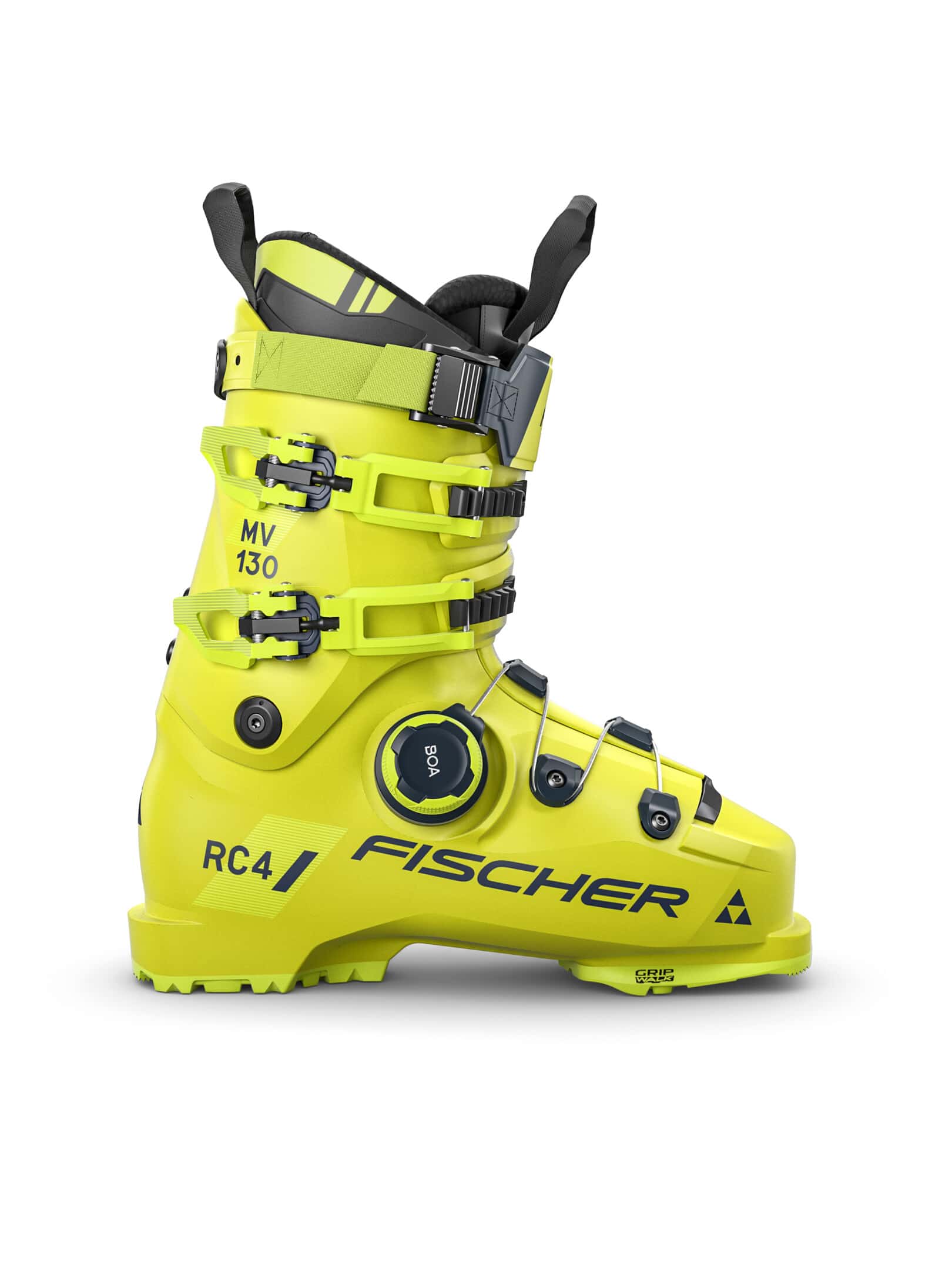 Gelber Fischer RC4 130 MV BOA Skischuh von der Seite, mit Schnallen, BOA-System und GripWalk-Sohle.