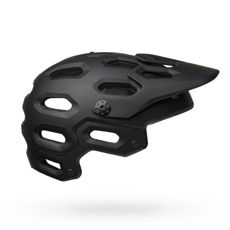 Schwarzer Super 3R Mountainbike-Helm mit Visier und Kinnbügel, Seitenansicht. Belüftungsöffnungen sichtbar.