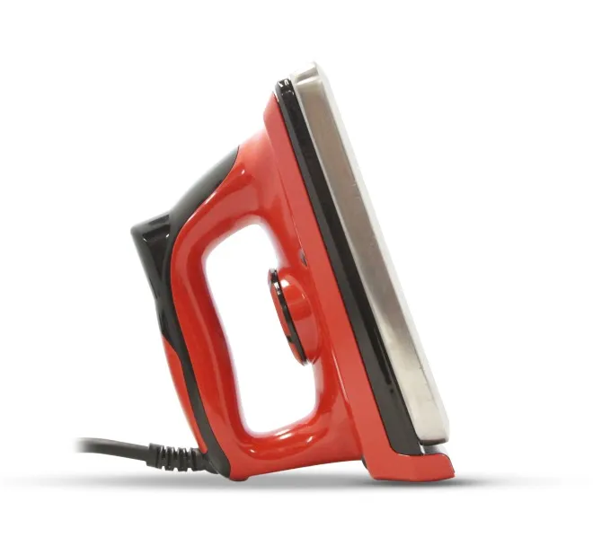 Red wax iron with black handle and silver ironing surface in profile. Cable visible.