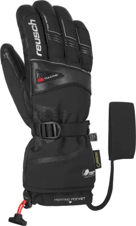 Gant de ski noir Reusch Volcano Pro GTX avec poche chauffante, Gore-Tex et dragonne de poignet en détail.