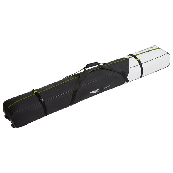 Head Rebels Double Skibag: Eine Skitasche mit Rollen, Tragegriffen und Kompressionsriemen, in schwarz-weißem Design.
