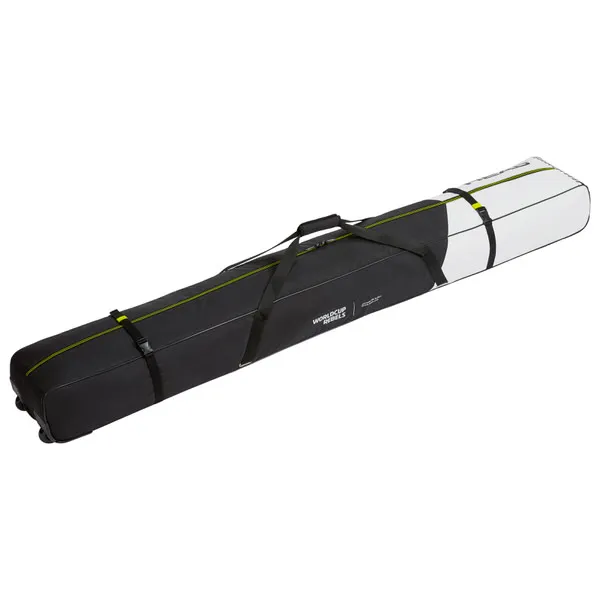 Head Rebels Double Skibag : Un sac de ski avec des roulettes, des poignées et des sangles de compression, dans un design noir et blanc.