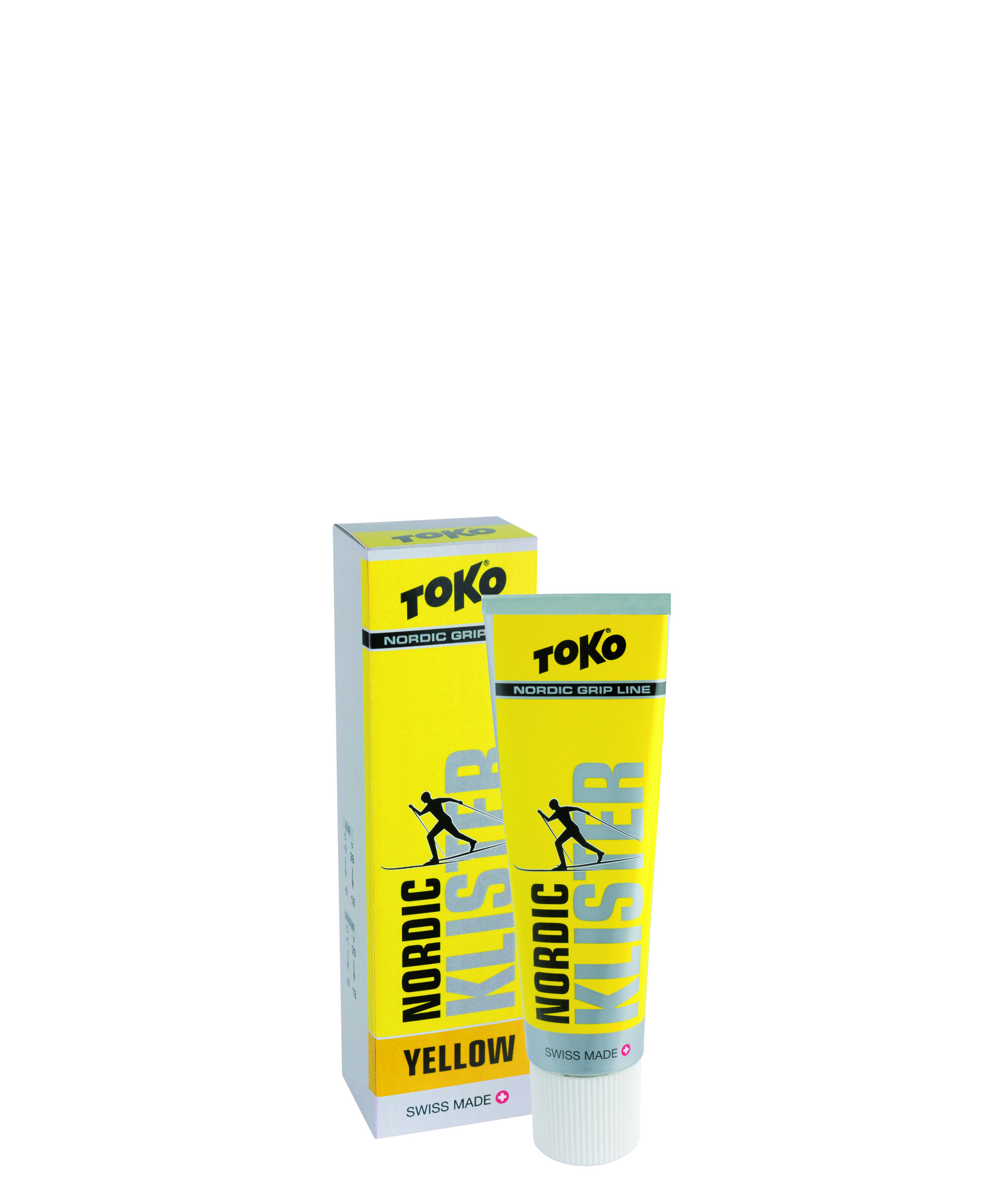 Gelbe Tube und Karton "Toko Nordic Klister Yellow" mit Langläufer-Illustration.