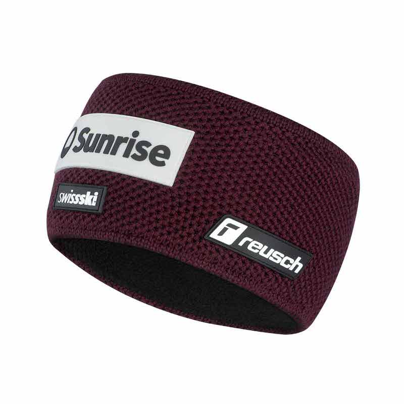 Bandeau rouge bordeaux Reusch Swiss-Ski Team avec logos, incliné sur le côté.
