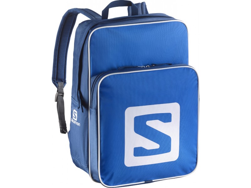 Blauer, rechteckiger Salomon Rucksack mit weißem Logo und Trägern.