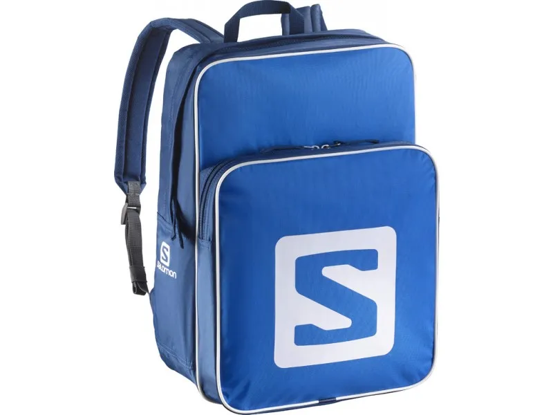 Zaino Salomon blu, rettangolare, con logo e cinghie bianche.