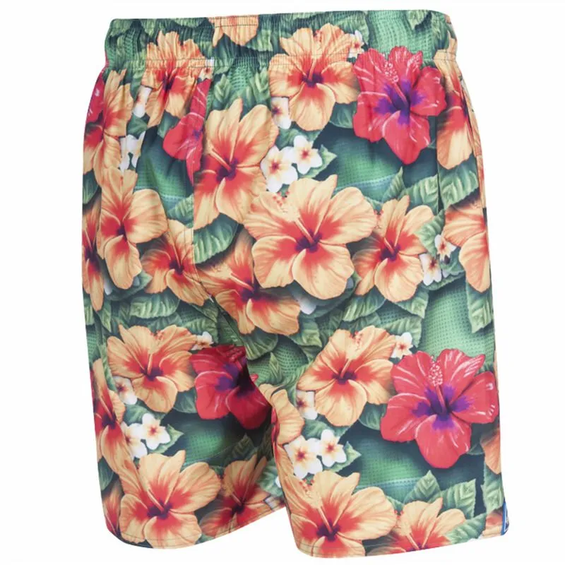 Arena Sashay boxer in golf green with hibiscus flower pattern.