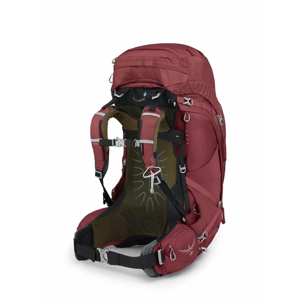 Osprey Aura AG 65 Trekkingrucksack für Damen in Rot mit sichtbarem AntiGravity-Rückensystem. Atmungsaktives 3D-Mesh sowie ergonomisch gepolsterte Schulter- und Hüftgurte, optimiert für Komfort und Belüftung.