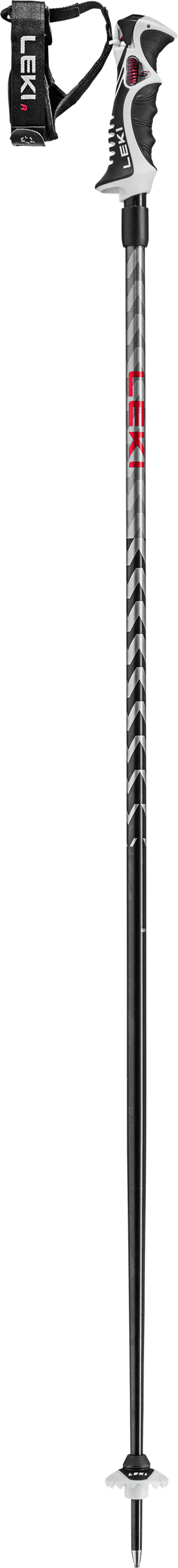 Leki Hot Shot S Skistock Schwarzer Leki Hot Shot S Skistock mit Trigger S Griff und Stahlspitze im Detail. Graue Pfeile zieren den Stock.