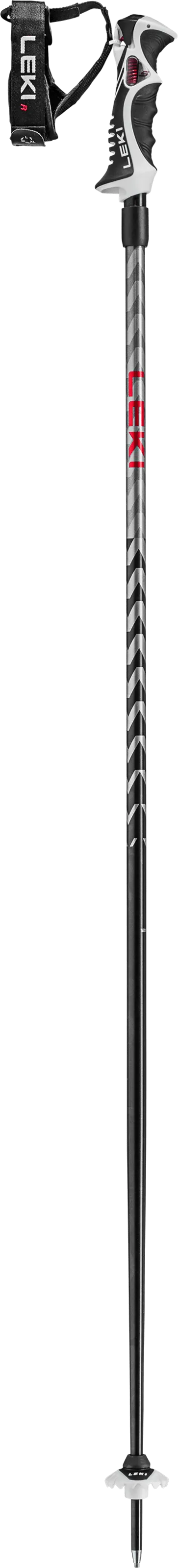 Bâton de ski noir Leki Hot Shot S avec poignée Trigger S et pointe en acier en détail. Des flèches grises décorent le bâton.