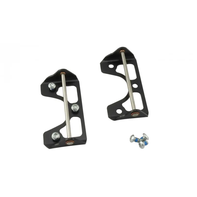 Two black Plum Eterlou splitboard binding parts with screws on a white background.
