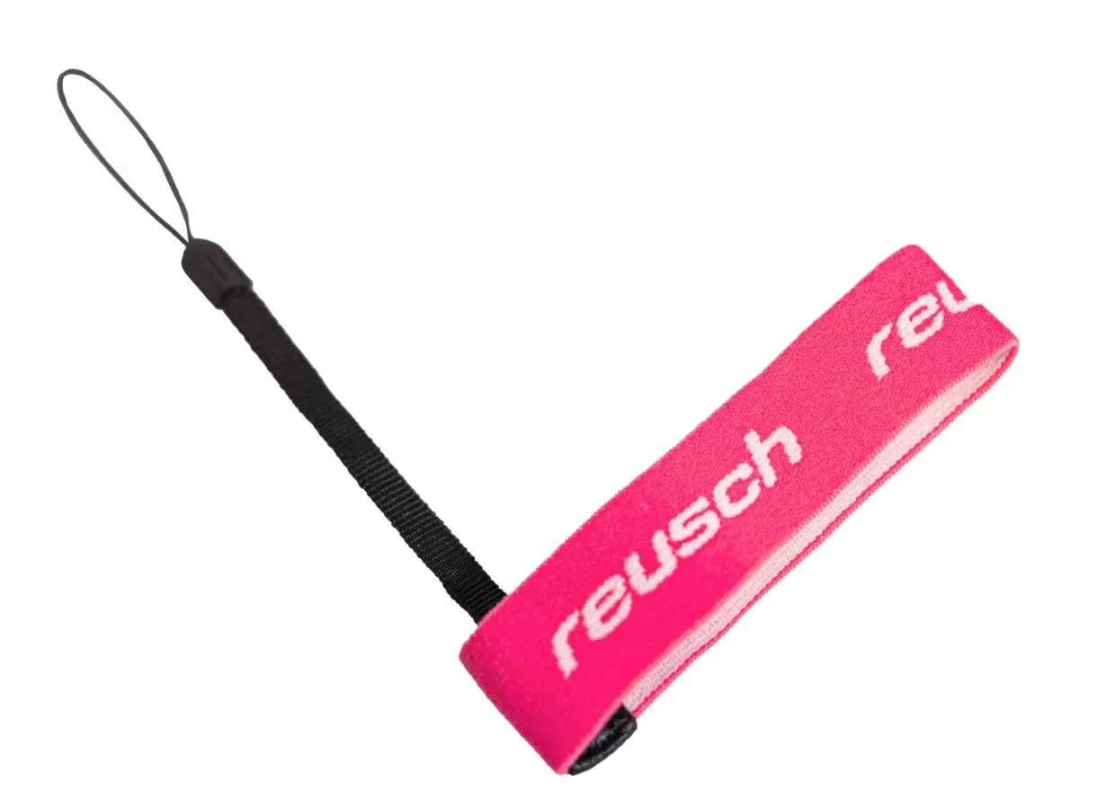 Close-up: Pink Reusch glove leash with black loop. Reusch-Logo on the pink strap.