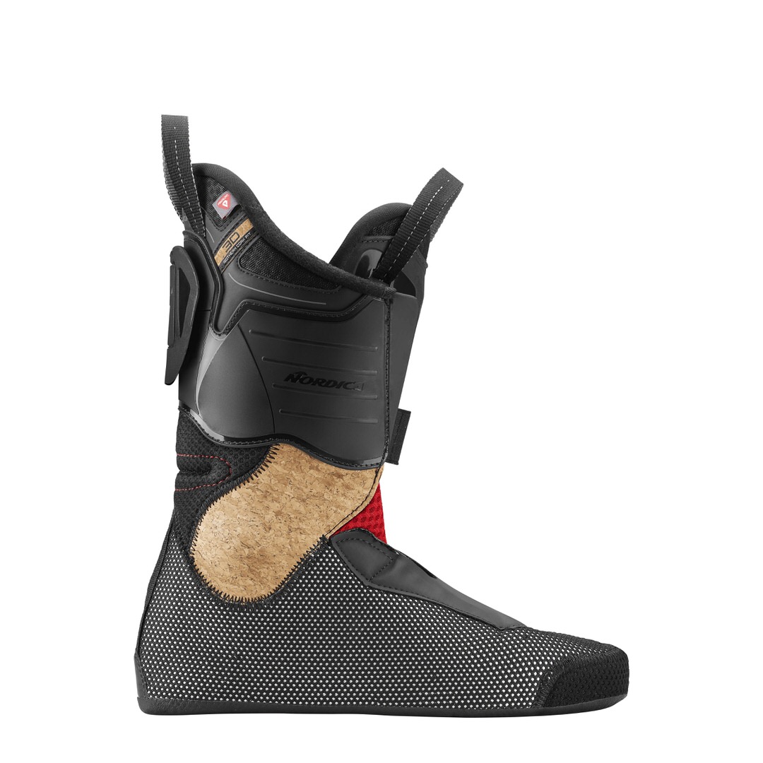 Detailansicht des Innenschuhs vom Nordica HF Pro 130 GW Skischuhs, mit schwarzer Manschette und Kork-Elementen.