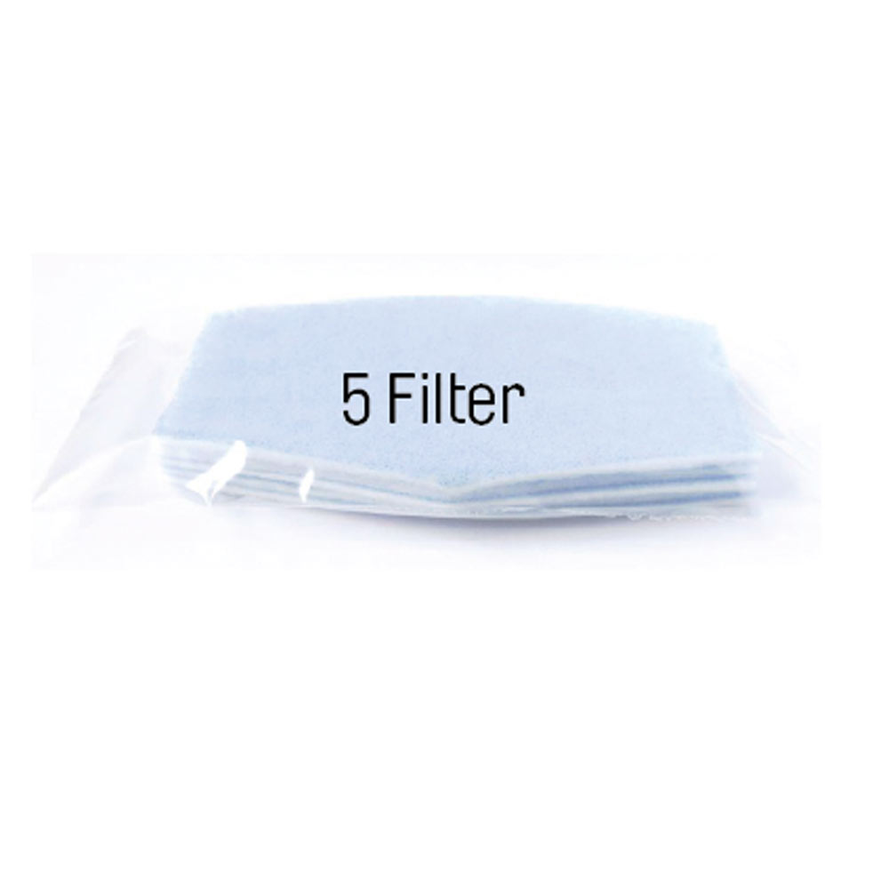Verpackung mit fünf hellblauen Filtern, beschriftet mit "5 Filter".