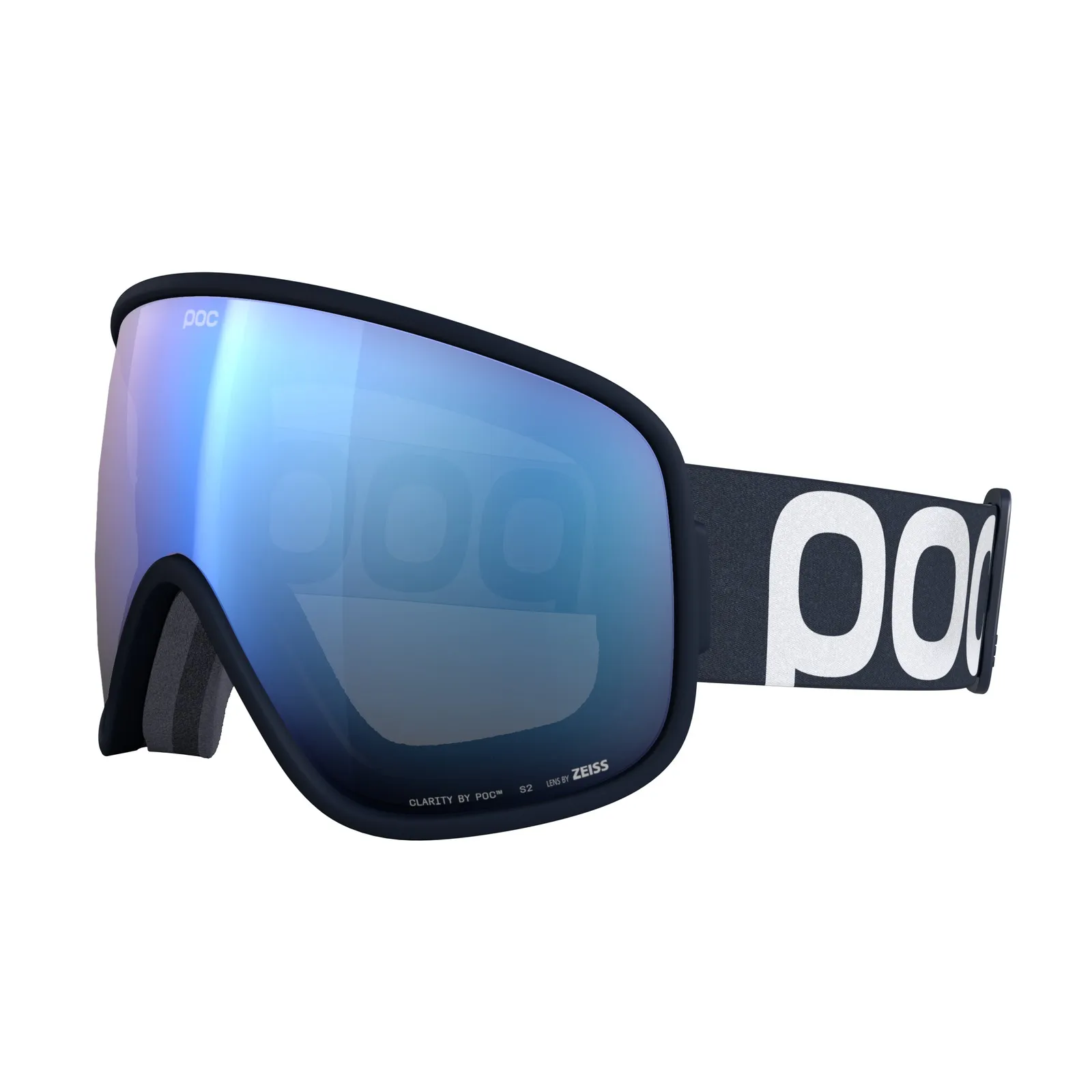 Navy blue POC Vitrea ski goggles with blue mirrored lens, POC logos on the side strap.