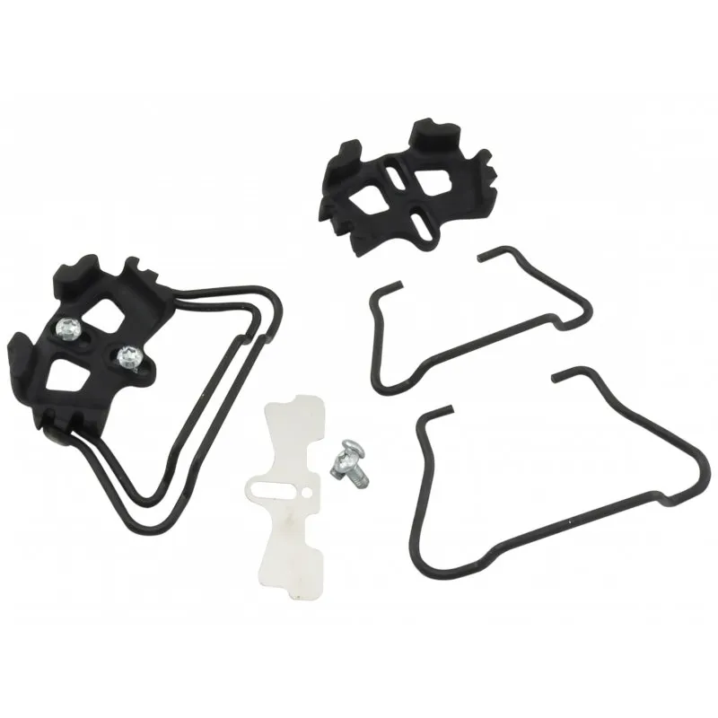 Individual parts of the Plum Eterlou splitboard binding, including black brackets, screw and wire frame on a white background.
