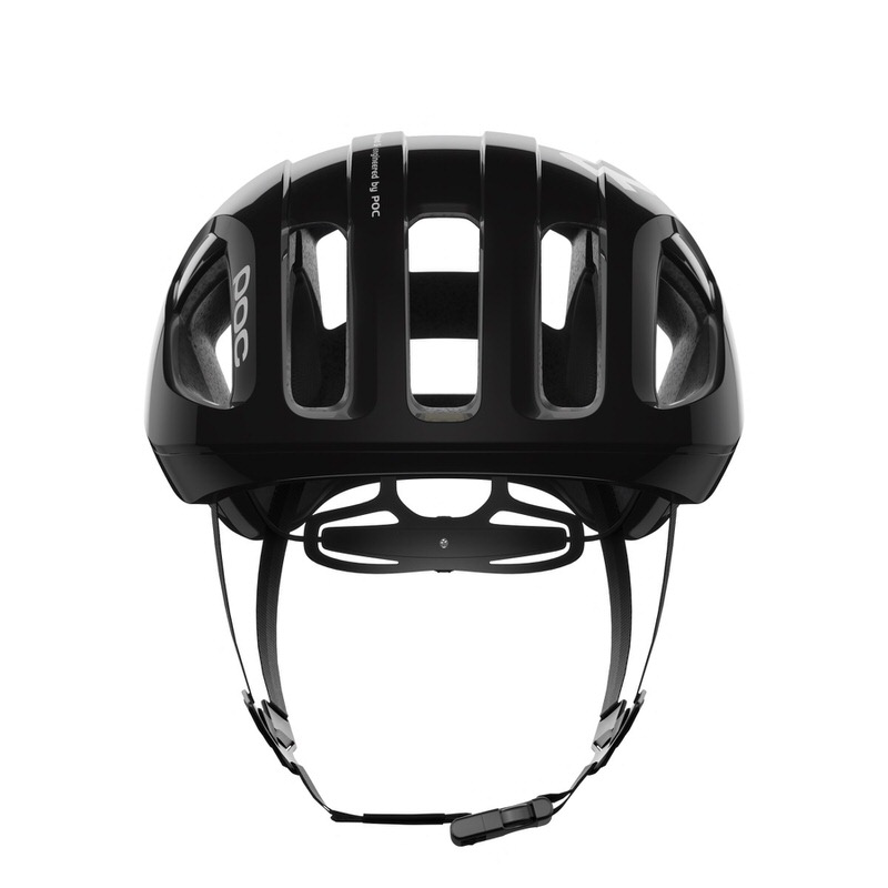 Vue de face du casque de vélo noir POC Ventral Mips avec ouvertures d'aération et sangles réglables.