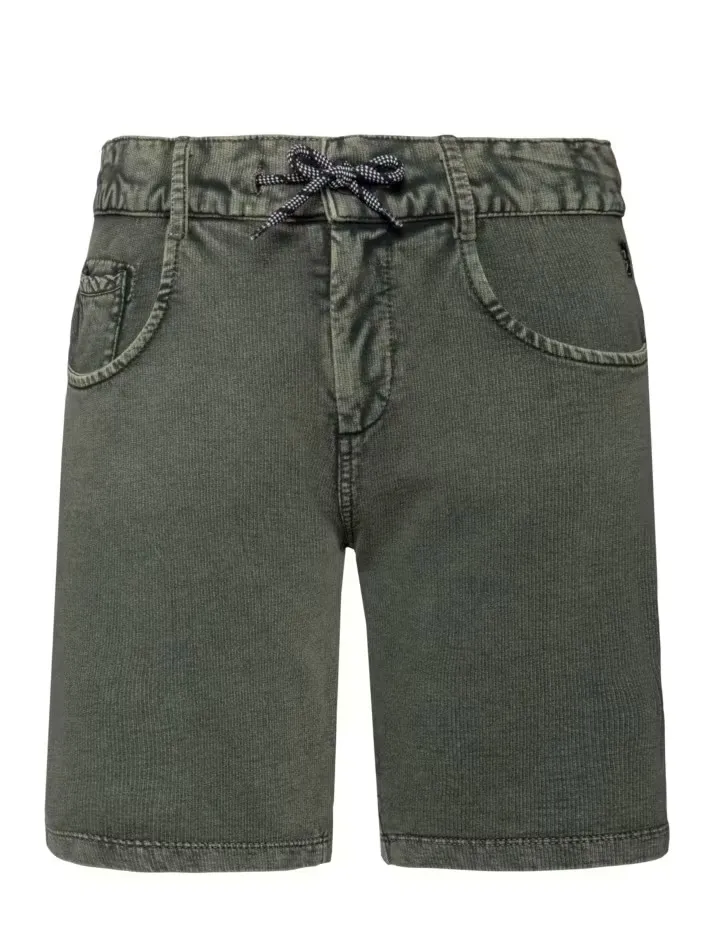 Pantaloncini in velluto a coste kaki con coulisse bianca e nera regolabile in vita. Presentano due tasche arrotondate sul davanti e una piccola tasca a sinistra. Raffigurati su sfondo bianco.