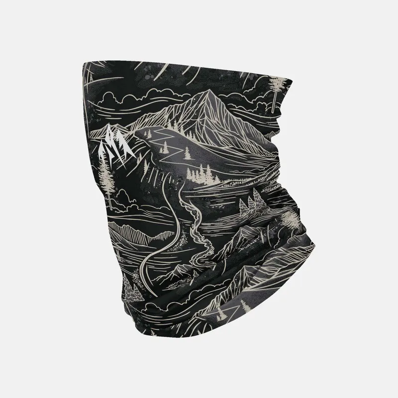 Black Jones Mountain Aloha neckwarmer with mountain landscape pattern.