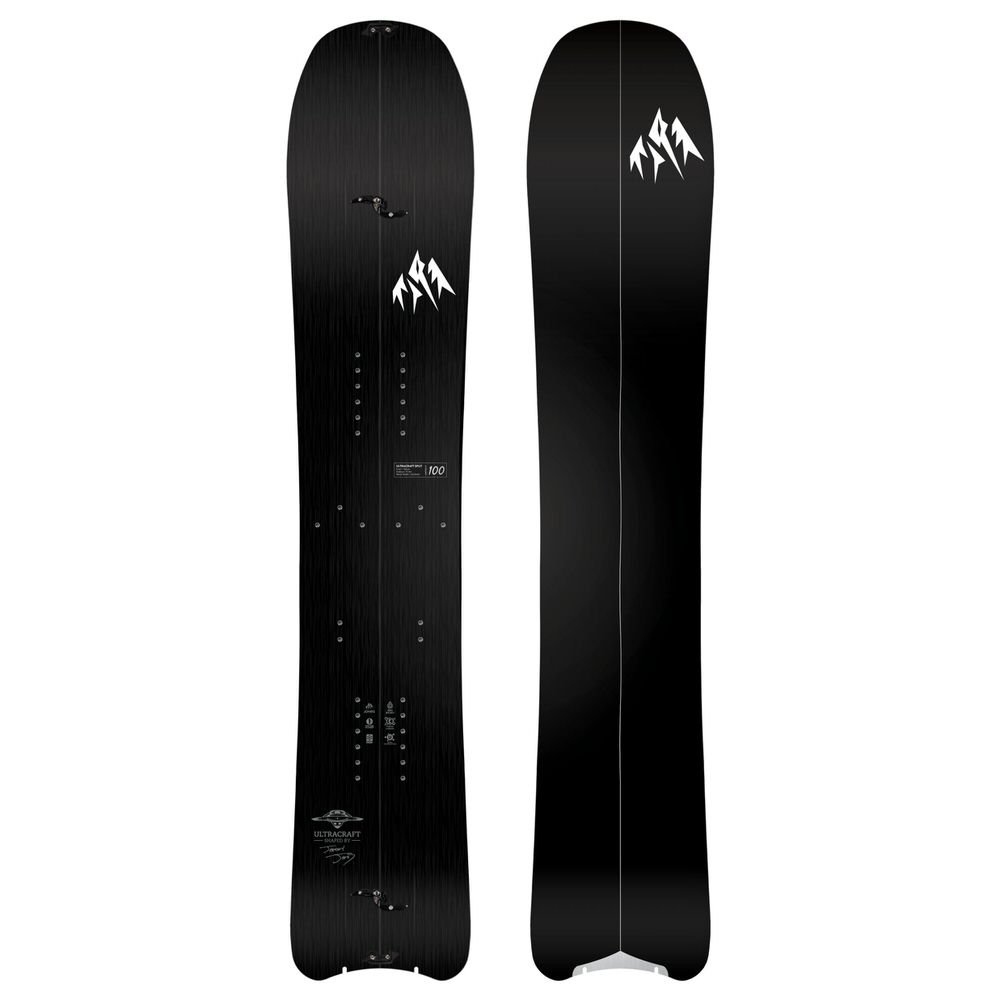 Splitboard noir Jones Ultracraft, divisé en deux moitiés, avec logo et points de fixation.