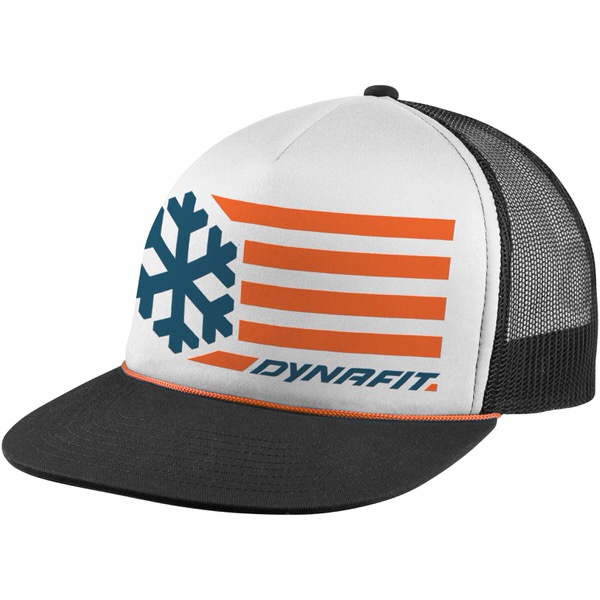 Orange Dynafit Trucker Cap mit Schneeflocken- und Streifenmuster, schwarzem Schirm und Netz.