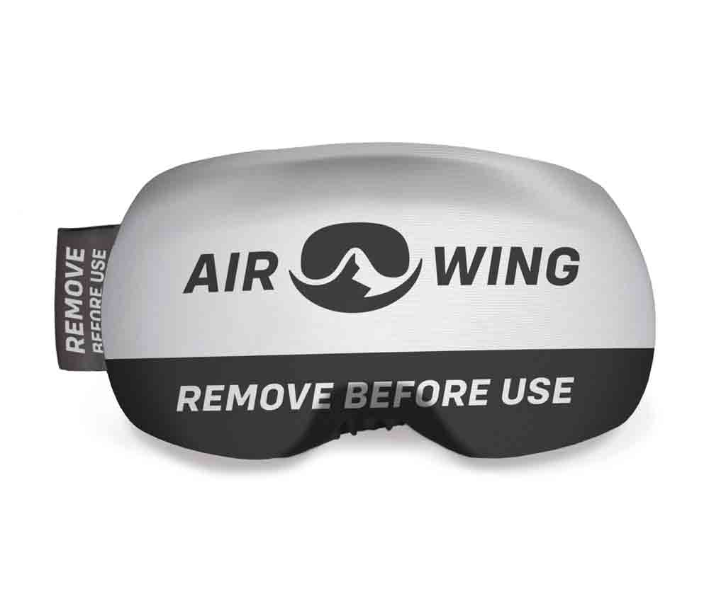 Airwing Promo Wing Skibrillenschutz, wei mit schwarzem Text "REMOVE BEFORE USE".
