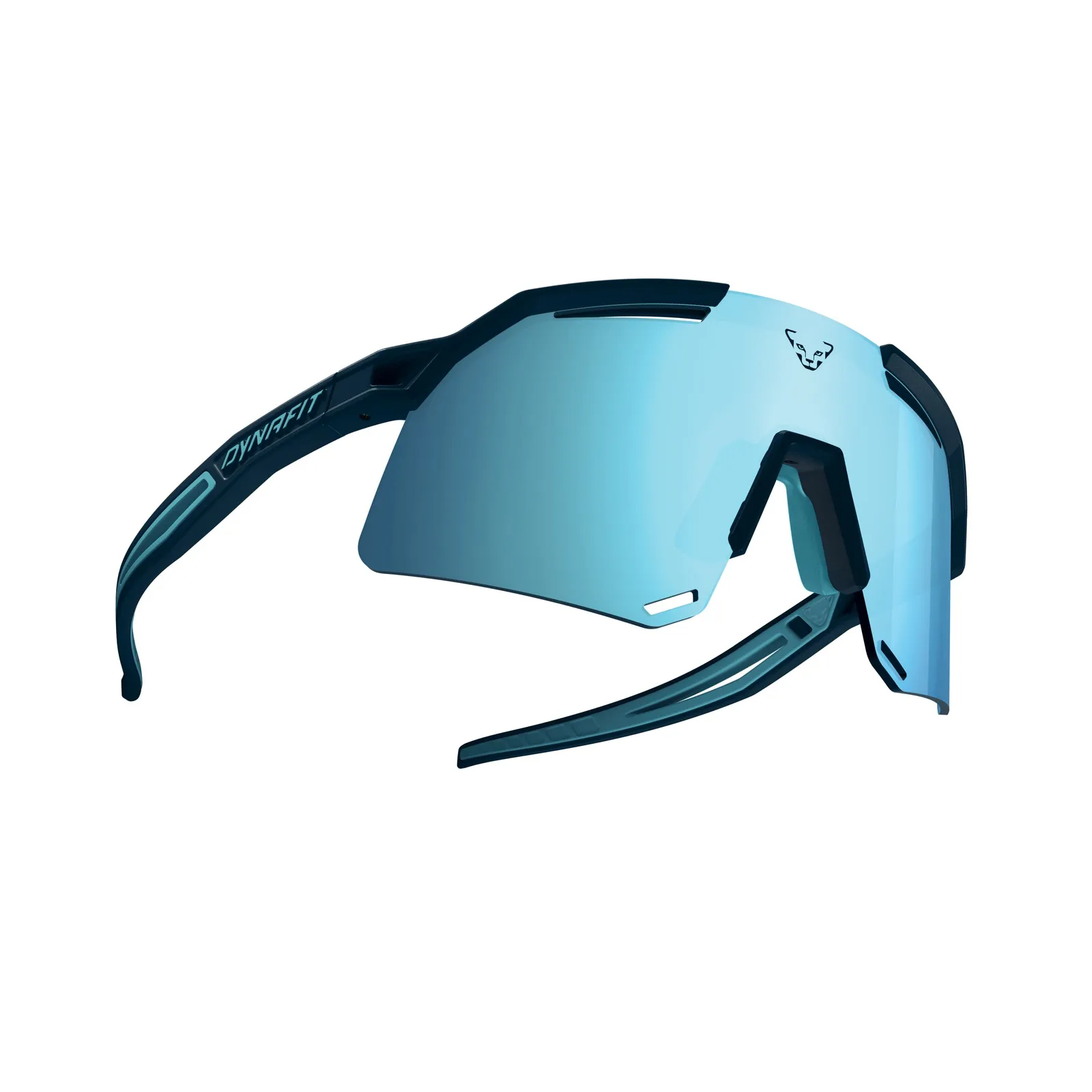 Blue Dynafit Ultra Evo sunglasses with large field of vision and Dynafit logo on the lenses.