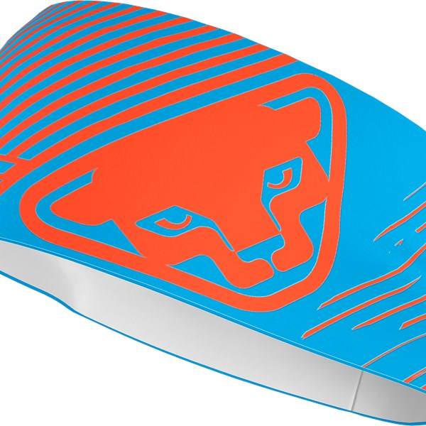 Nahaufnahme des Dynafit Graphic Performance Stirnbandes mit orangefarbenem Logo und blauem Streifenmuster.