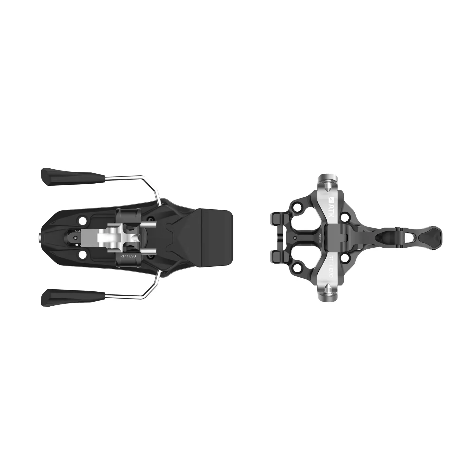 Nahaufnahme der ATK RT 11 EVO Tourenbindung, Vorder- und Hinterteil, zur Verwendung mit Tourenski.